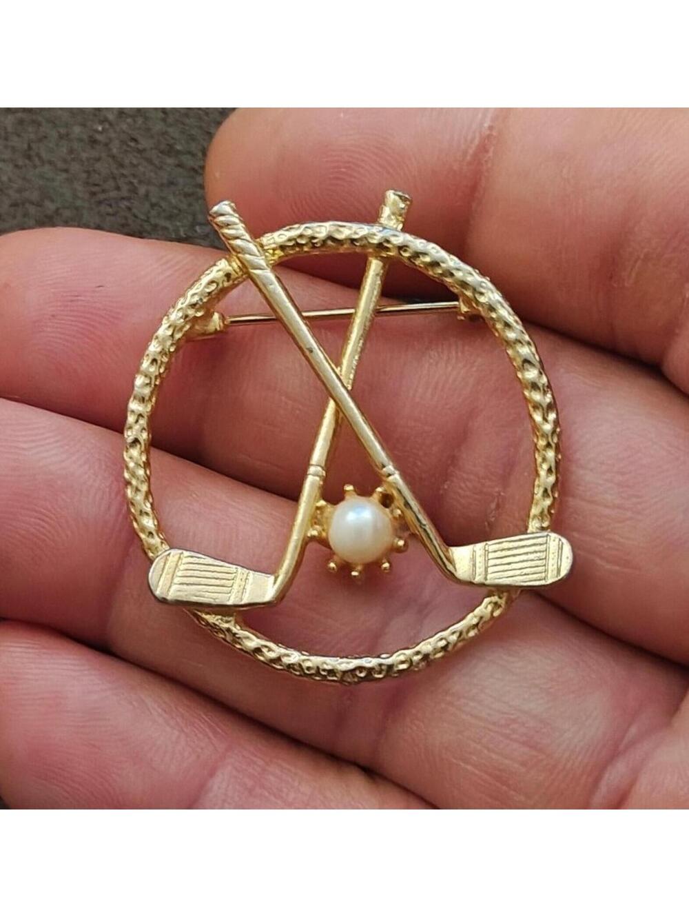 1980s Signed FAM Gold Tone Golf Brooch